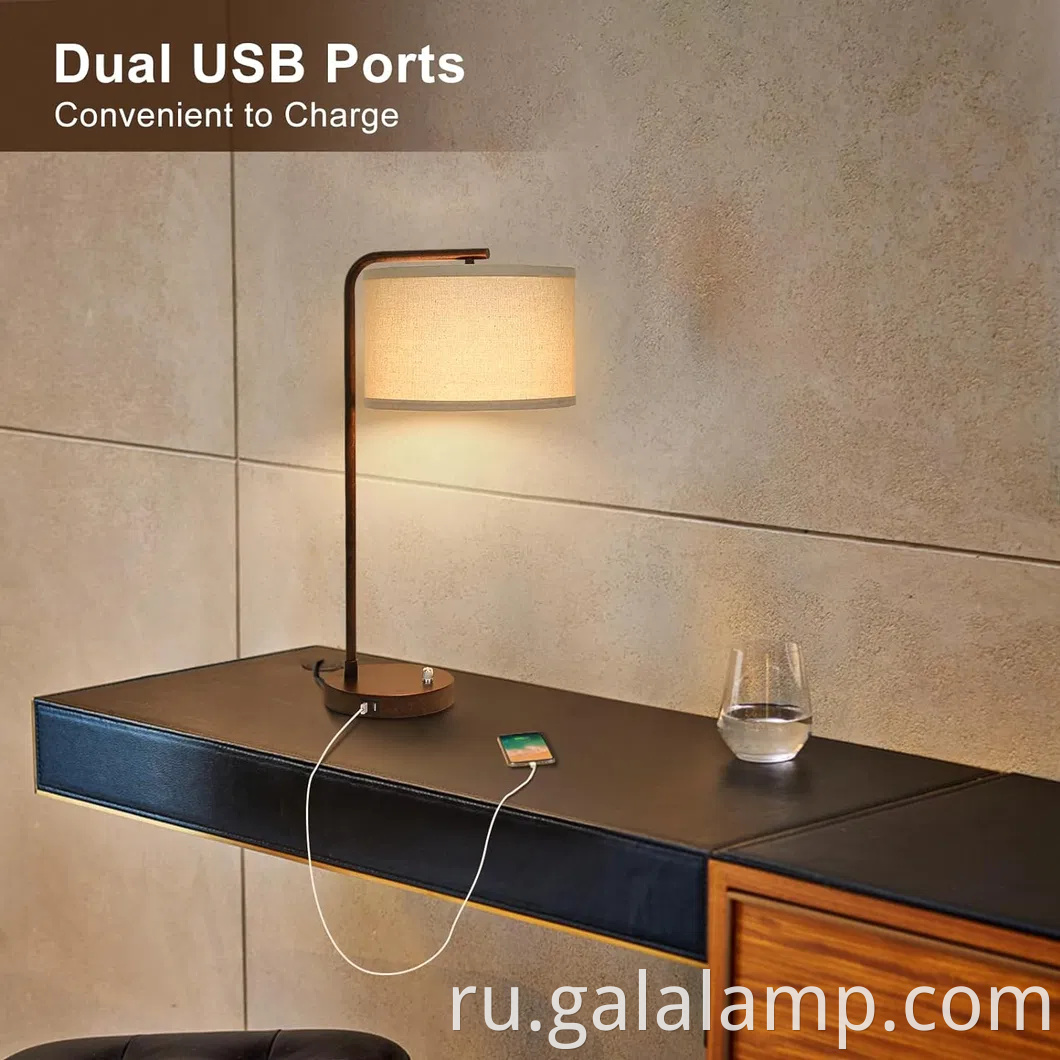 Современная USB -зарядка прикроватная лампа с льняным оттенком